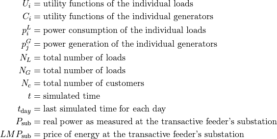 U_i & = \text{utility functions of the individual loads}\\
C_i & = \text{utility functions of the individual generators}\\
p_i^L & = \text{power consumption of the individual loads}\\
p_j^G & = \text{power generation of the individual generators}\\
N_L  &  = \text{total number of loads}\\
N_G  & = \text{total number of loads}\\
N_c  &  = \text{total number of customers}\\
t    &  = \text{simulated time}\\
t_{\text{da}y} & = \text{last simulated time for each day}\\
P_{\text{sub}} & = \text{real power as measured at the transactive feeder's substation}\\
LMP_{\text{sub}} & = \text{price of energy at the transactive feeder's substation}\\