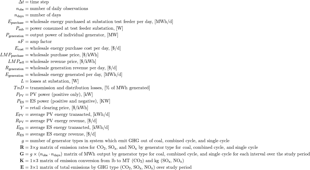 \Delta t & = \text{time step} \\
n_{\text{obs}} & = \text{number of daily observations} \\
n_{\text{days}} & = \text{number of days} \\
E_\text{purchase} & = \text{wholesale energy purchased at substation test feeder per day, [MWh/d]} \\
P_{\text{sub}} & = \text{power consumed at test feeder substation, [W]} \\
P_{\text{generation}} & = \text{output power of individual generator, [MW]} \\
aF & = \text{amp factor} \\
E_\text{cost} & = \text{wholesale energy purchase cost per day, [\$/d]} \\
LMP_\text{purchase} & = \text{wholesale purchase price, [\$/kWh]} \\
LMP_\text{sell} & = \text{wholesale revenue price, [\$/kWh]} \\
R_\text{generation} & = \text{wholesale generation revenue per day, [\$/d]} \\
E_\text{generation} & = \text{wholesale energy generated per day, [MWh/d]} \\
L & = \text{losses at substation, [W]} \\
TnD & = \text{transmission and distribution losses, [\% of MWh generated]} \\
P_\text{PV} & = \text{PV power (positive only), [kW]} \\
P_\text{ES} & = \text{ES power (positive and negative), [KW]} \\
Y & = \text{retail clearing price, [\$/kWh]} \\
E_\text{PV} & = \text{average PV energy transacted, [kWh/d]} \\
R_\text{PV} & = \text{average PV energy revenue, [\$/d]} \\
E_\text{ES} & = \text{average ES energy transacted, [kWh/d]} \\
R_\text{ES} & = \text{average ES energy revenue, [\$/d]} \\
g & = \text{number of generator types in system which emit GHG out of coal, combined cycle, and single cycle} \\
\bf{R} & = \text{3$\times g$ matrix of emission rates for CO$_2$, SO$_\text{x}$, and NO$_\text{x}$ by generator type for coal, combined cycle, and single cycle} \\
\bf{G} & = \text{$g\times (n_\text{obs}\cdot n_\text{days})$ matrix of MWh output by generator type for coal, combined cycle, and single cycle for each interval over the study period} \\
\bf{K} & = \text{1$\times$3 matrix of emission conversion from lb to MT (CO$_2$) and kg (SO$_\text{x}$, NO$_\text{x}$)} \\
\bf{E} & = \text{3$\times$1 matrix of total emissions by GHG type (CO$_2$, SO$_\text{x}$,  NO$_\text{x}$) over study period}